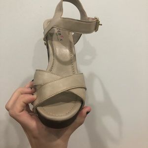 Lightly worn beige shoebox heel